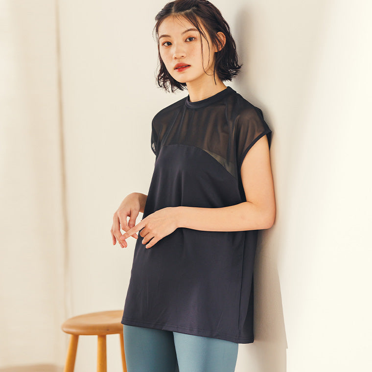 ヨガウェア|トップス|ヨガ|ロング丈|長い| 総レース|シースルー|透け感|シアー|スタイリッシュ|体形カバー|安心感|涼し気|通気性|速乾性