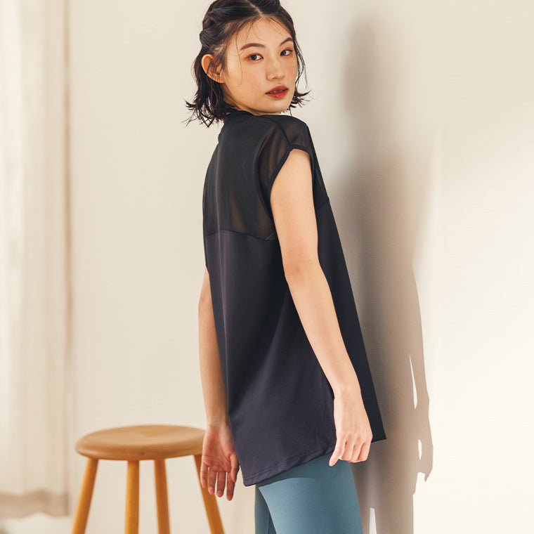 ヨガウェア|トップス|ヨガ|ロング丈|長い| 総レース|シースルー|透け感|シアー|スタイリッシュ|体形カバー|安心感|涼し気|通気性|速乾性