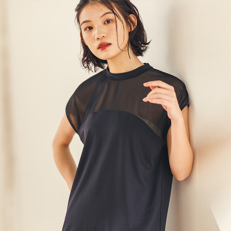 ヨガウェア|トップス|ヨガ|ロング丈|長い| 総レース|シースルー|透け感|シアー|スタイリッシュ|体形カバー|安心感|涼し気|通気性|速乾性