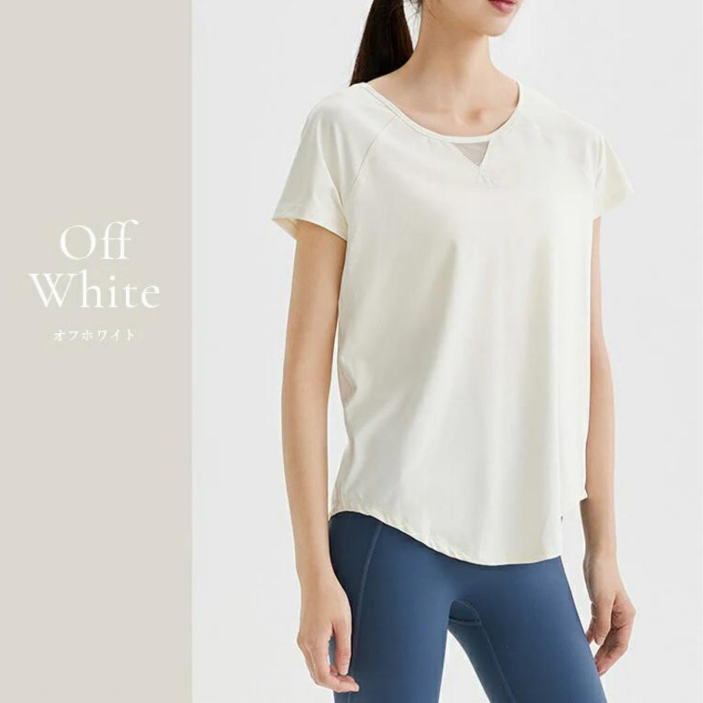 半袖トップス t153｜オフホワイト｜フレンチスリーブ｜異素材｜無地｜Tシャツ｜シンプル｜ヨガ｜おしゃれ｜Lee.che (リーチェ) ｜LIFE TUNING DAYS（ライフチューニングデイズ）｜