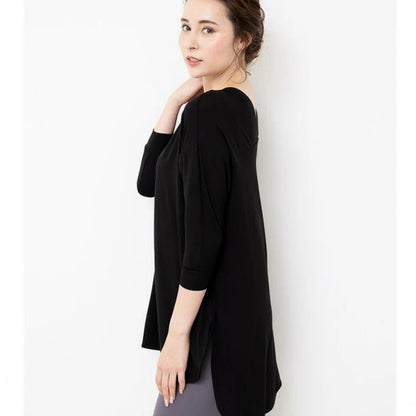 ロング丈カップ付きトップス leeche024｜ブラック｜ロング丈｜チュニック｜七分袖｜普段着｜ヨガ｜おしゃれ｜Lee.che (リーチェ) ｜LIFE TUNING DAYS（ライフチューニングデイズ）｜