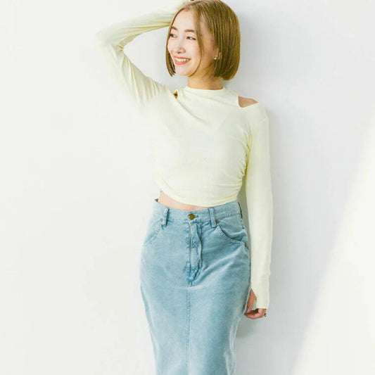 長袖トップス leeche031｜ハッピーイエロー｜ショート丈｜リブ｜小山ゆか｜オープンショルダー｜無地｜ヨガ｜おしゃれ｜Lee.che (リーチェ) ｜LIFE TUNING DAYS（ライフチューニングデイズ）｜