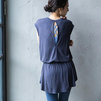 トップス leeche051｜ブルーグレー｜ペプラム｜フレア｜無地｜チュニック｜フレンチスリーブ｜ヨガ｜おしゃれ｜Lee.che (リーチェ) ｜LIFE TUNING DAYS（ライフチューニングデイズ）｜