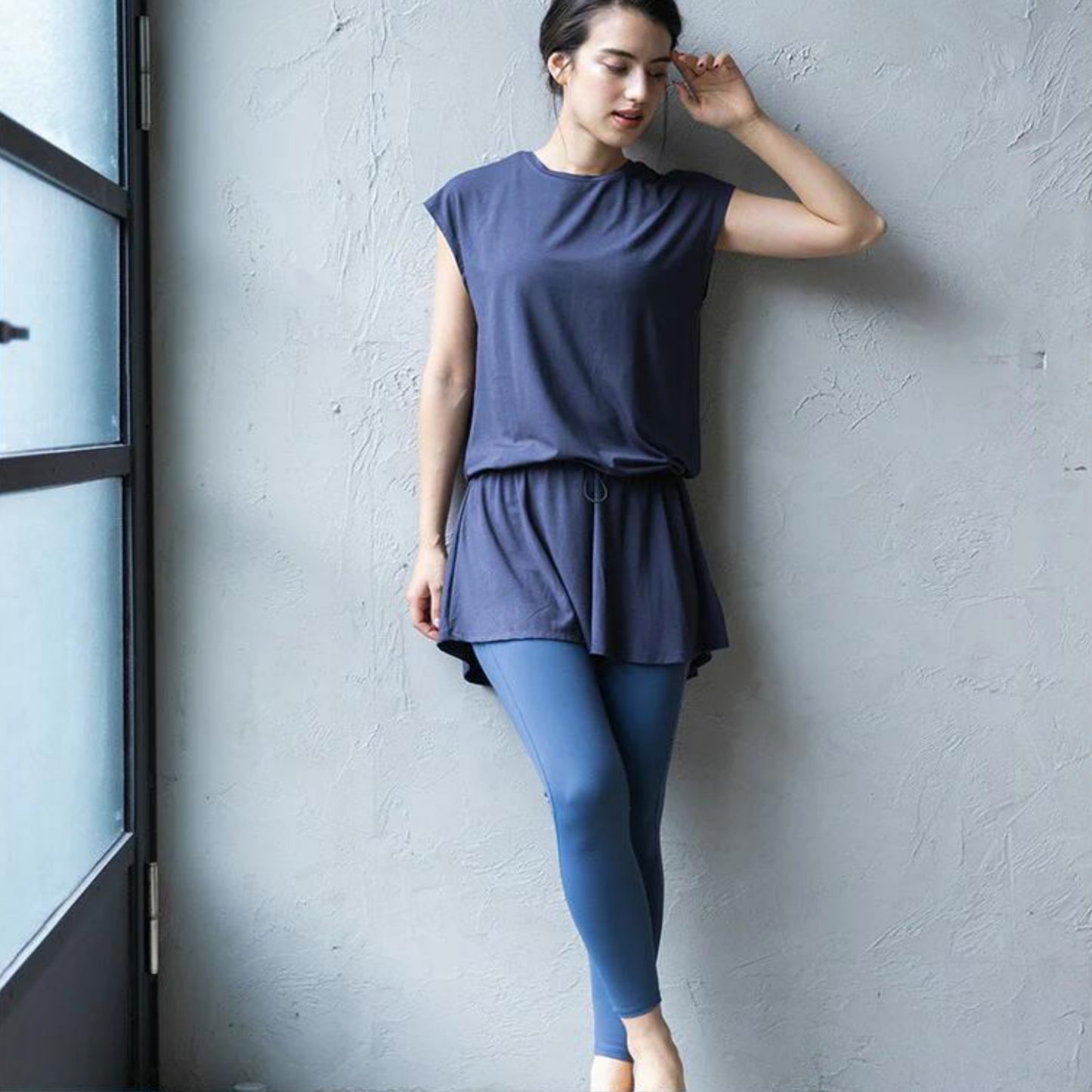 トップス leeche051｜ブルーグレー｜ペプラム｜フレア｜無地｜チュニック｜フレンチスリーブ｜ヨガ｜おしゃれ｜Lee.che (リーチェ) ｜LIFE TUNING DAYS（ライフチューニングデイズ）｜