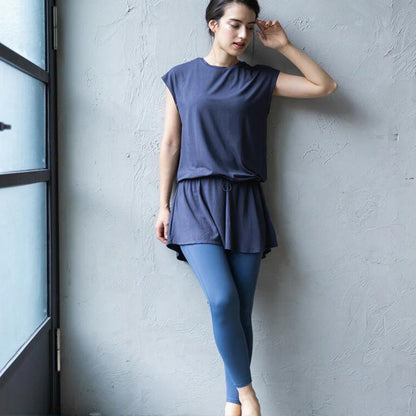 トップス leeche051｜ブルーグレー｜ペプラム｜フレア｜無地｜チュニック｜フレンチスリーブ｜ヨガ｜おしゃれ｜Lee.che (リーチェ) ｜LIFE TUNING DAYS（ライフチューニングデイズ）｜