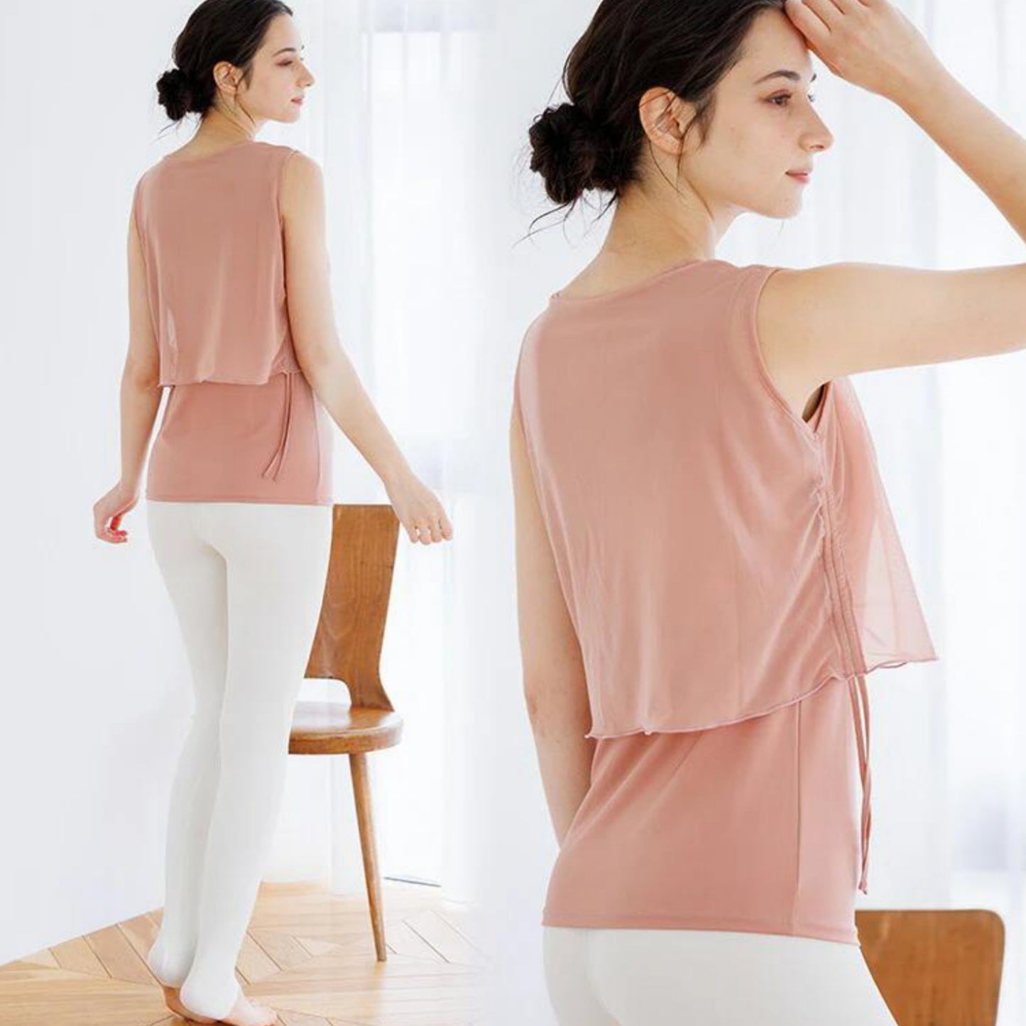 カップ付きトップス leeche071｜ピンク｜レイヤード｜チュール｜無地｜シースルー｜ヨガ｜かわいい｜おしゃれ｜Lee.che (リーチェ) ｜LIFE TUNING DAYS（ライフチューニングデイズ）｜