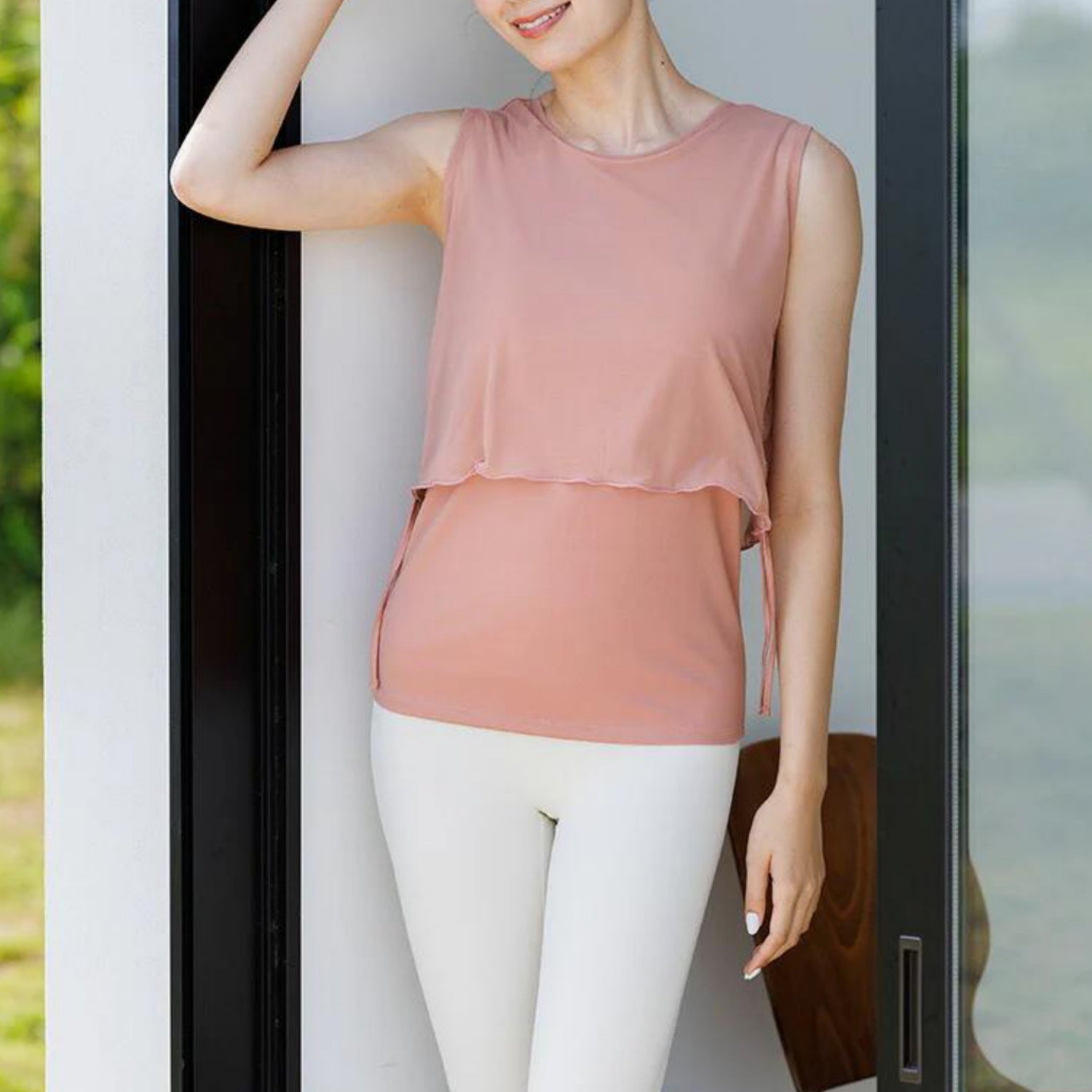 カップ付きトップス leeche071｜ピンク｜レイヤード｜チュール｜無地｜シースルー｜ヨガ｜かわいい｜おしゃれ｜Lee.che (リーチェ) ｜LIFE TUNING DAYS（ライフチューニングデイズ）｜