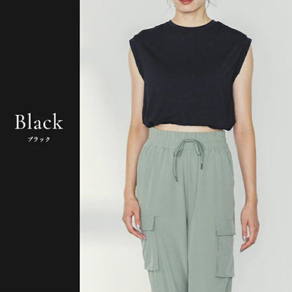 ショート丈トップスleeche076｜ブラック｜フレンチスリーブ｜レーヨン｜無地｜Tシャツ｜タンクトップ｜シンプル｜ヨガ｜おしゃれ｜Lee.che (リーチェ) ｜LIFE TUNING DAYS（ライフチューニングデイズ）｜