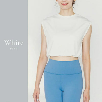 ショート丈トップスleeche076｜ホワイト｜フレンチスリーブ｜レーヨン｜無地｜Tシャツ｜タンクトップ｜シンプル｜ヨガ｜おしゃれ｜Lee.che (リーチェ) ｜LIFE TUNING DAYS（ライフチューニングデイズ）｜