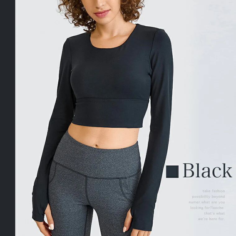 長袖カップ付きトップス t014｜スポーツウェア｜ヨガウェア｜ピラティス｜おしゃれ｜無地｜長袖｜肌見せ｜ブラック｜Lee.che (リーチェ) ｜LIFE TUNING DAYS（ライフチューニングデイズ）｜