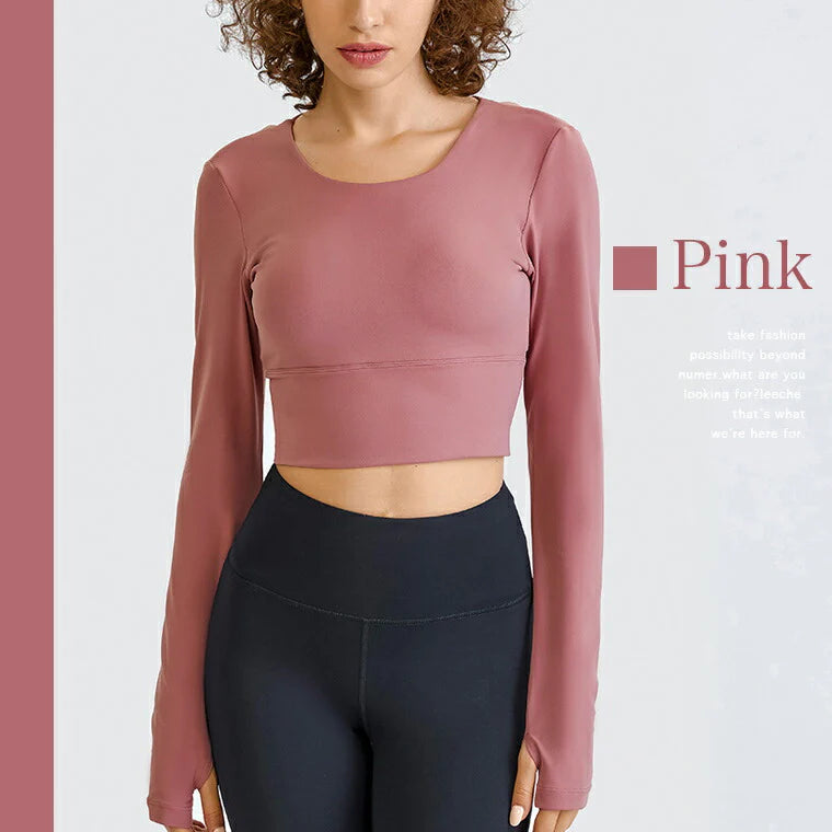 長袖カップ付きトップス t014｜スポーツウェア｜ヨガウェア｜ピラティス｜おしゃれ｜無地｜長袖｜肌見せ｜ピンク｜Lee.che (リーチェ) ｜LIFE TUNING DAYS（ライフチューニングデイズ）｜
