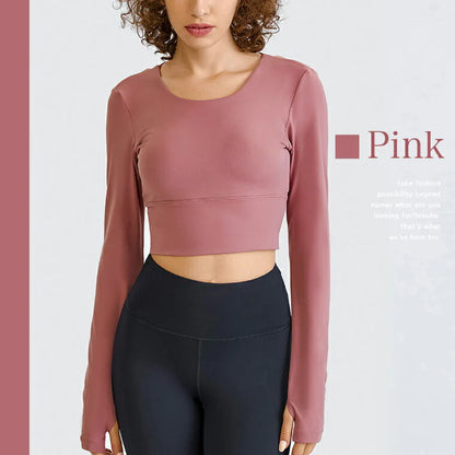 長袖カップ付きトップス t014｜スポーツウェア｜ヨガウェア｜ピラティス｜おしゃれ｜無地｜長袖｜肌見せ｜ピンク｜Lee.che (リーチェ) ｜LIFE TUNING DAYS（ライフチューニングデイズ）｜