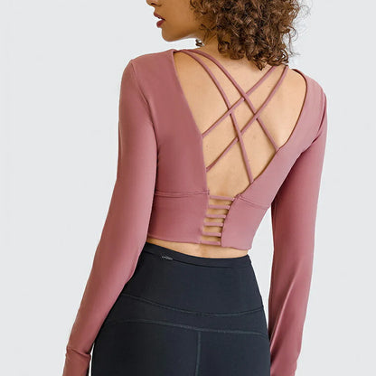 長袖カップ付きトップス t014｜スポーツウェア｜ヨガウェア｜ピラティス｜おしゃれ｜無地｜長袖｜肌見せ｜ピンク｜Lee.che (リーチェ) ｜LIFE TUNING DAYS（ライフチューニングデイズ）｜