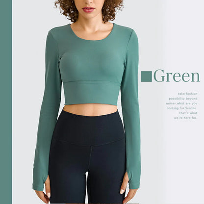 長袖カップ付きトップス t014｜スポーツウェア｜ヨガウェア｜ピラティス｜おしゃれ｜無地｜長袖｜肌見せ｜グリーン｜Lee.che (リーチェ) ｜LIFE TUNING DAYS（ライフチューニングデイズ）｜