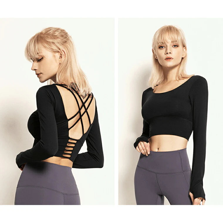 長袖カップ付きトップス t014｜スポーツウェア｜ヨガウェア｜ピラティス｜おしゃれ｜無地｜長袖｜肌見せ｜ブラック｜Lee.che (リーチェ) ｜LIFE TUNING DAYS（ライフチューニングデイズ）｜