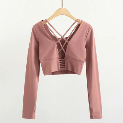 長袖カップ付きトップス t014｜スポーツウェア｜ヨガウェア｜ピラティス｜おしゃれ｜無地｜長袖｜肌見せ｜ピンク｜Lee.che (リーチェ) ｜LIFE TUNING DAYS（ライフチューニングデイズ）｜