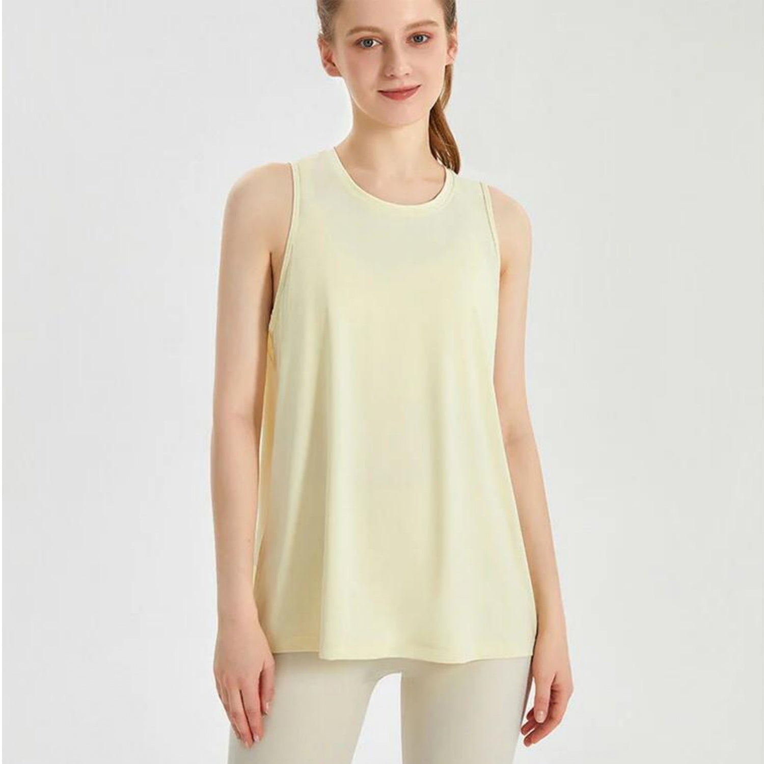 メッシュデザイントップスt040｜ライトイエロー｜ノースリーブ｜メッシュ｜オーバーサイズ｜薄手｜タンクトップ｜ヨガ｜スポーツ｜おしゃれ｜Lee.che (リーチェ) ｜LIFE TUNING DAYS（ライフチューニングデイズ）｜