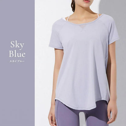 半袖トップス t153｜スカイブルー｜フレンチスリーブ｜異素材｜無地｜Tシャツ｜シンプル｜ヨガ｜おしゃれ｜Lee.che (リーチェ) ｜LIFE TUNING DAYS（ライフチューニングデイズ）｜