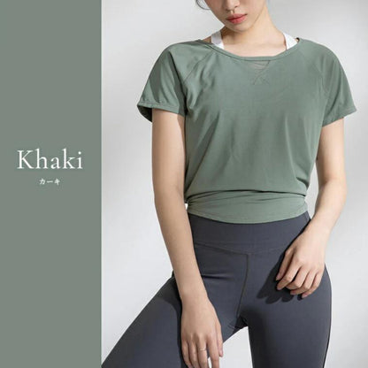 半袖トップス t153｜カーキ｜フレンチスリーブ｜異素材｜無地｜Tシャツ｜シンプル｜ヨガ｜おしゃれ｜Lee.che (リーチェ) ｜LIFE TUNING DAYS（ライフチューニングデイズ）｜