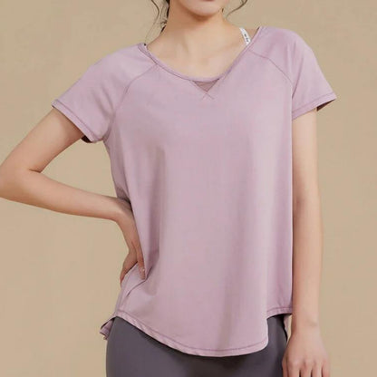 半袖トップス t153｜ライトパープル｜フレンチスリーブ｜異素材｜無地｜Tシャツ｜シンプル｜ヨガ｜おしゃれ｜Lee.che (リーチェ) ｜LIFE TUNING DAYS（ライフチューニングデイズ）｜