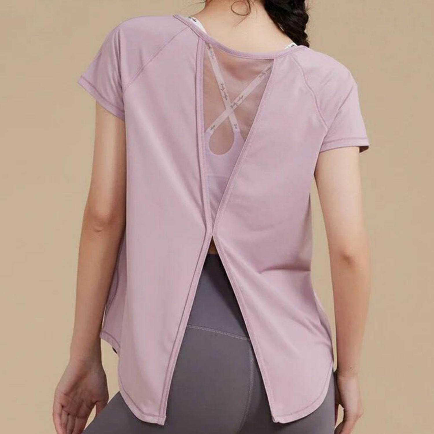 半袖トップス t153｜ライトパープル｜フレンチスリーブ｜異素材｜無地｜Tシャツ｜シンプル｜ヨガ｜おしゃれ｜Lee.che (リーチェ) ｜LIFE TUNING DAYS（ライフチューニングデイズ）｜
