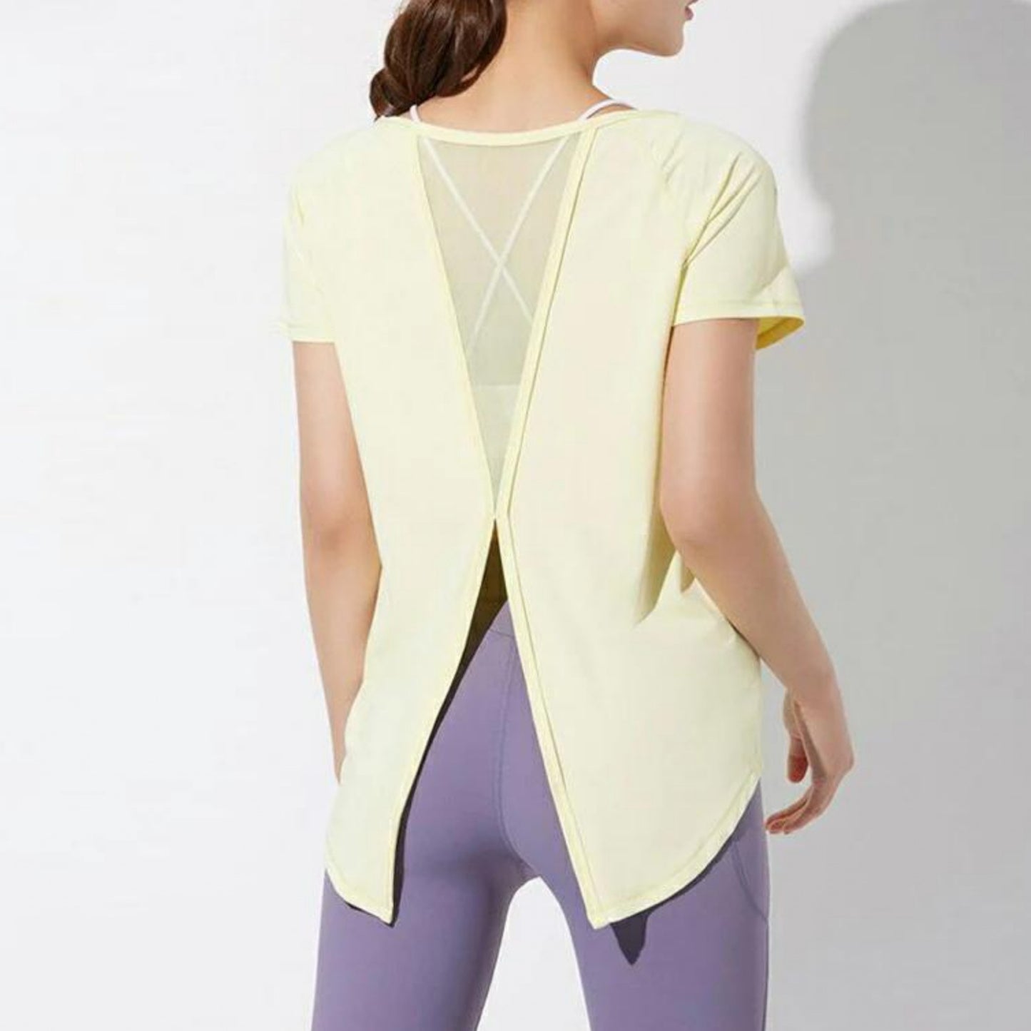 半袖トップス t153｜イエロー｜フレンチスリーブ｜異素材｜無地｜Tシャツ｜シンプル｜ヨガ｜おしゃれ｜Lee.che (リーチェ) ｜LIFE TUNING DAYS（ライフチューニングデイズ）｜