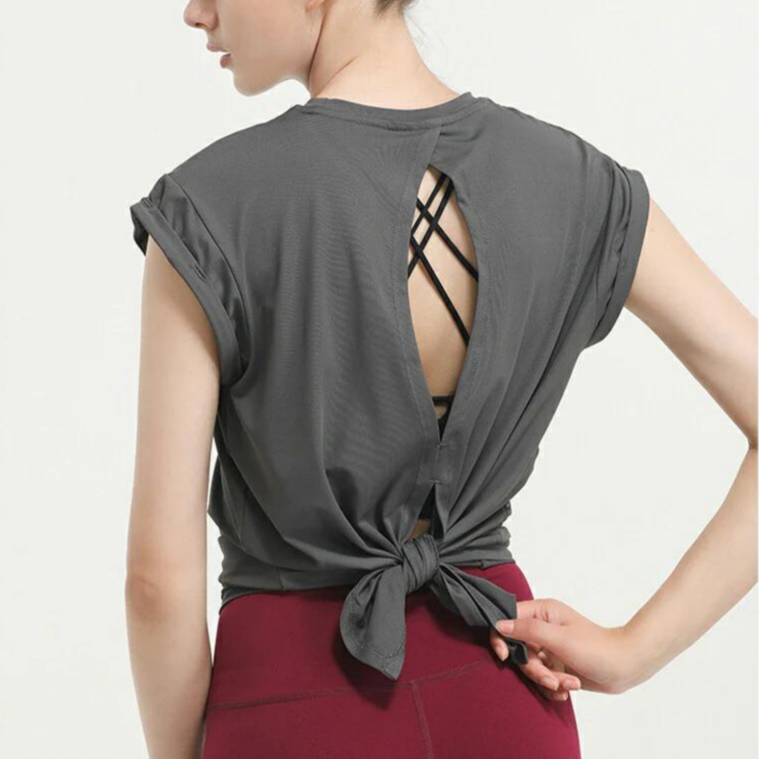 トップス t173｜ダークグレー｜フレンチスリーブ｜2way｜無地｜Tシャツ｜シンプル｜ヨガ｜おしゃれ｜Lee.che (リーチェ) ｜LIFE TUNING DAYS（ライフチューニングデイズ）｜