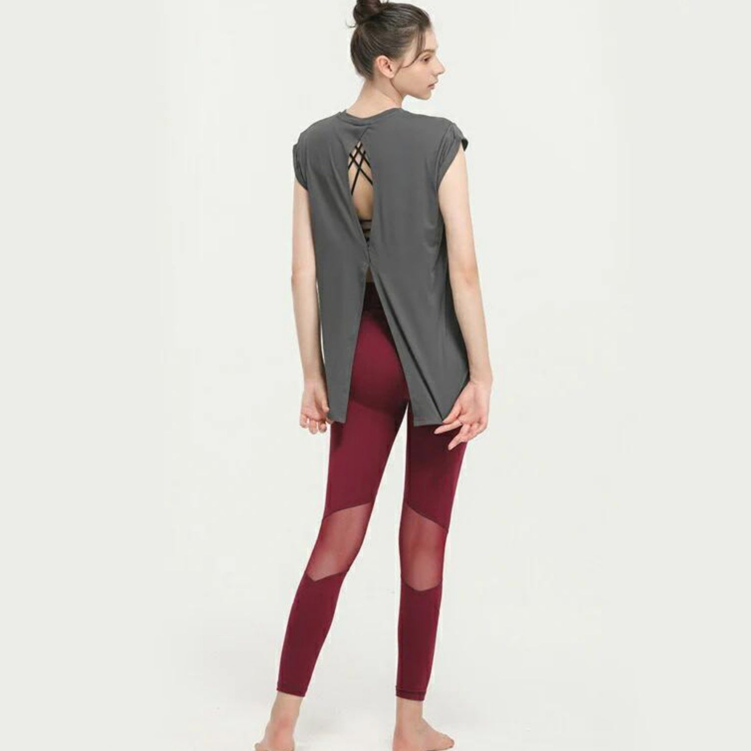 トップス t173｜ダークグレー｜フレンチスリーブ｜2way｜無地｜Tシャツ｜シンプル｜ヨガ｜おしゃれ｜Lee.che (リーチェ) ｜LIFE TUNING DAYS（ライフチューニングデイズ）｜