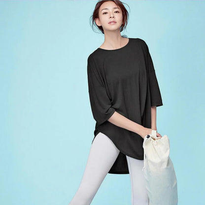 7分丈トップス t326｜ブラック｜ドレープ｜半袖｜無地｜チュニック｜薄い｜ヨガ｜おしゃれ｜Lee.che (リーチェ) ｜LIFE TUNING DAYS（ライフチューニングデイズ）｜