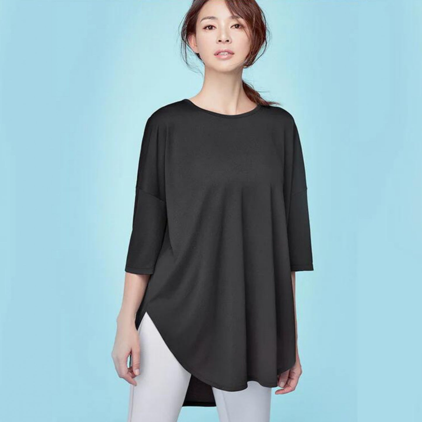 7分丈トップス t326｜ブラック｜ドレープ｜半袖｜無地｜チュニック｜薄い｜ヨガ｜おしゃれ｜Lee.che (リーチェ) ｜LIFE TUNING DAYS（ライフチューニングデイズ）｜