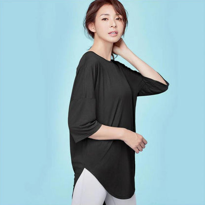 7分丈トップス t326｜ブラック｜ドレープ｜半袖｜無地｜チュニック｜薄い｜ヨガ｜おしゃれ｜Lee.che (リーチェ) ｜LIFE TUNING DAYS（ライフチューニングデイズ）｜