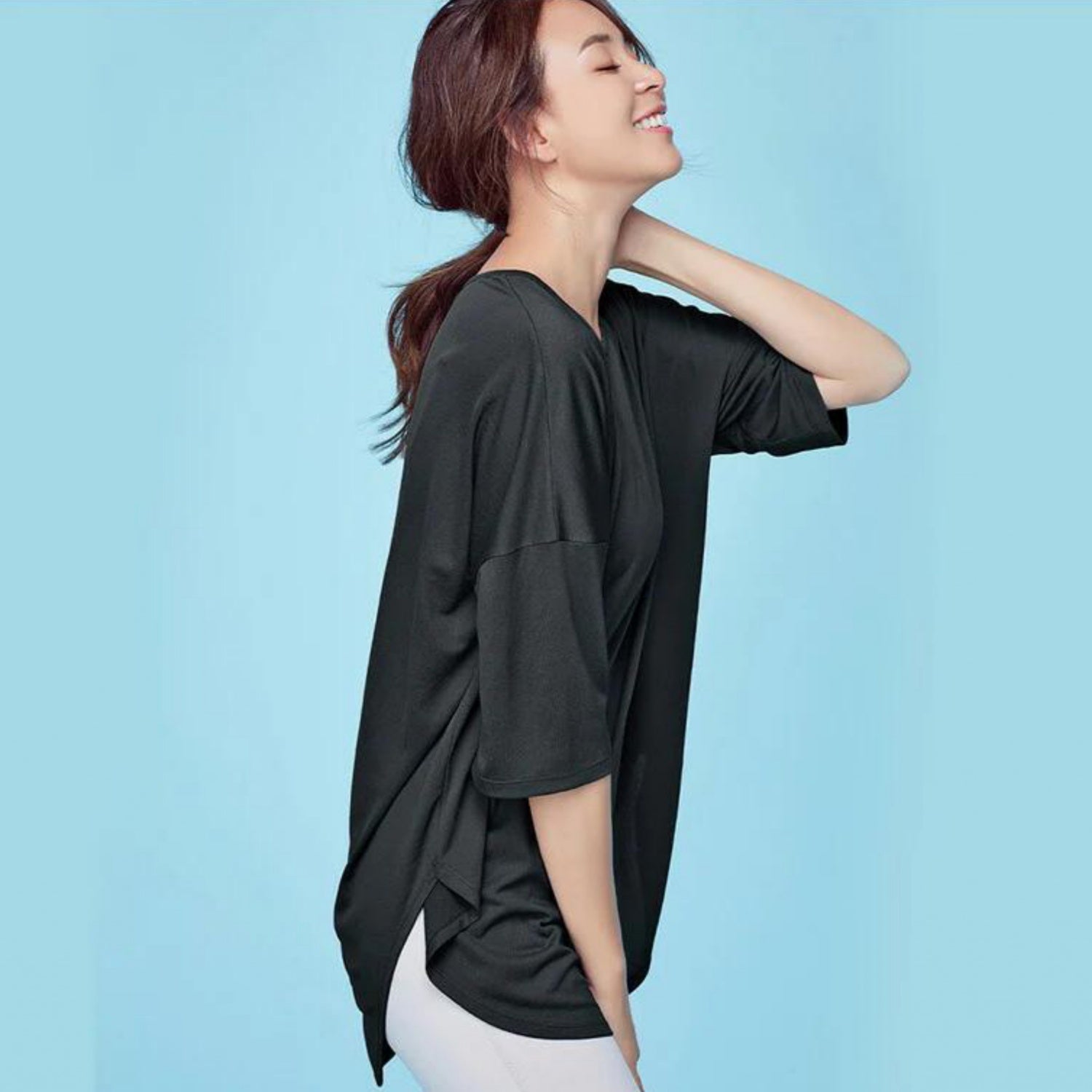 7分丈トップス t326｜ブラック｜ドレープ｜半袖｜無地｜チュニック｜薄い｜ヨガ｜おしゃれ｜Lee.che (リーチェ) ｜LIFE TUNING DAYS（ライフチューニングデイズ）｜