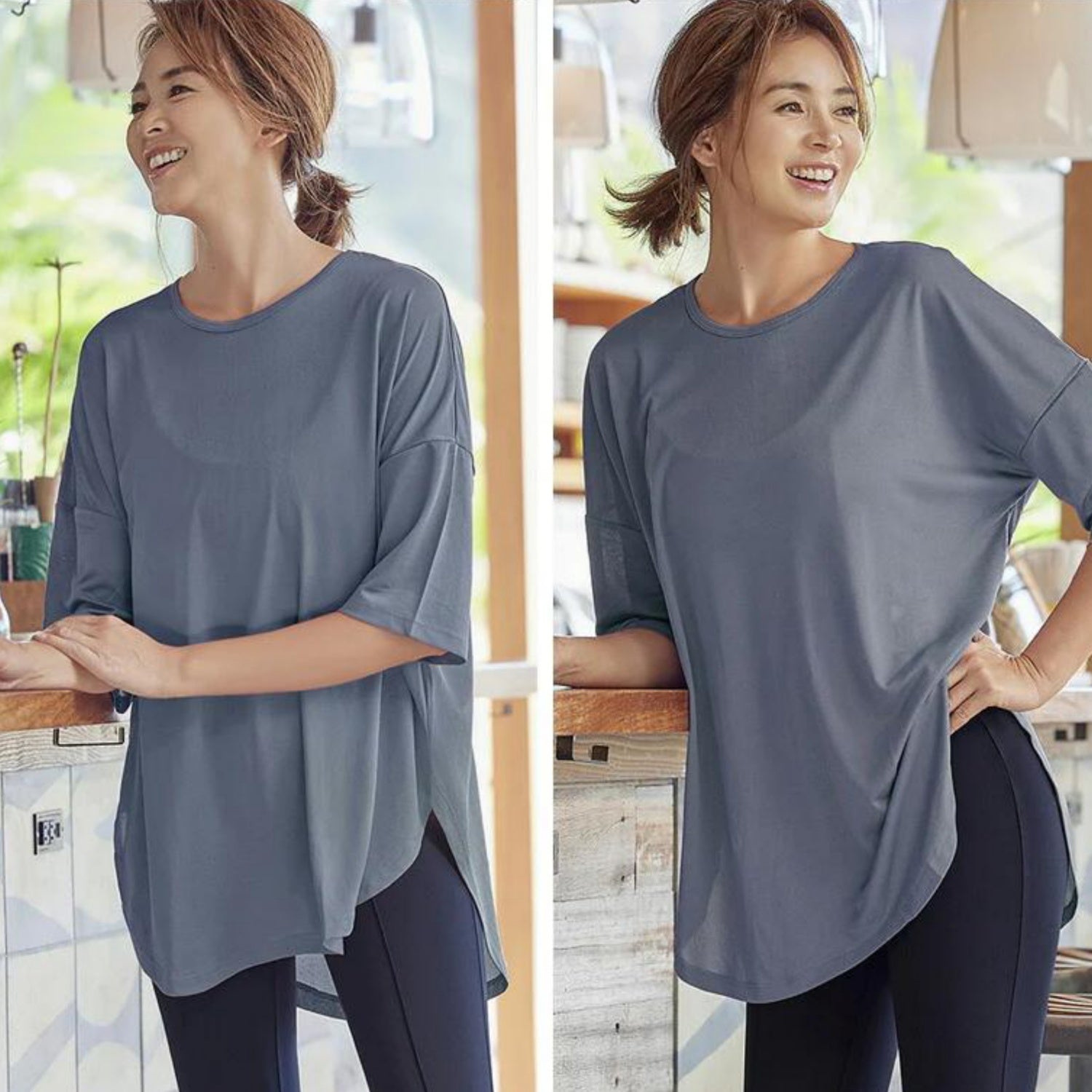 7分丈トップス t326｜くすみブルー｜ドレープ｜半袖｜無地｜チュニック｜薄い｜ヨガ｜おしゃれ｜Lee.che (リーチェ) ｜LIFE TUNING DAYS（ライフチューニングデイズ）｜