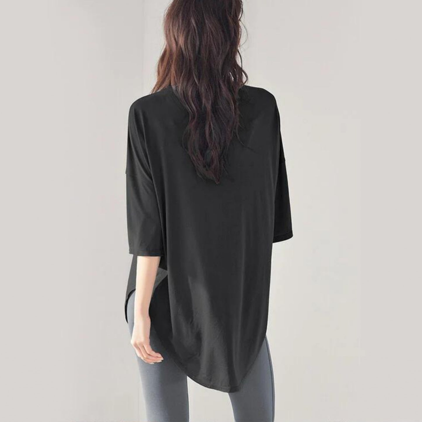 7分丈トップス t326｜ブラック｜ドレープ｜半袖｜無地｜チュニック｜薄い｜ヨガ｜おしゃれ｜Lee.che (リーチェ) ｜LIFE TUNING DAYS（ライフチューニングデイズ）｜