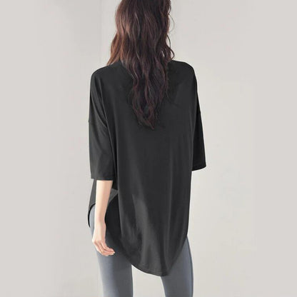 7分丈トップス t326｜ブラック｜ドレープ｜半袖｜無地｜チュニック｜薄い｜ヨガ｜おしゃれ｜Lee.che (リーチェ) ｜LIFE TUNING DAYS（ライフチューニングデイズ）｜