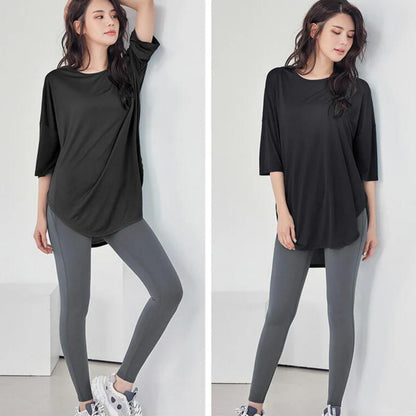 7分丈トップス t326｜ブラック｜ドレープ｜半袖｜無地｜チュニック｜薄い｜ヨガ｜おしゃれ｜Lee.che (リーチェ) ｜LIFE TUNING DAYS（ライフチューニングデイズ）｜