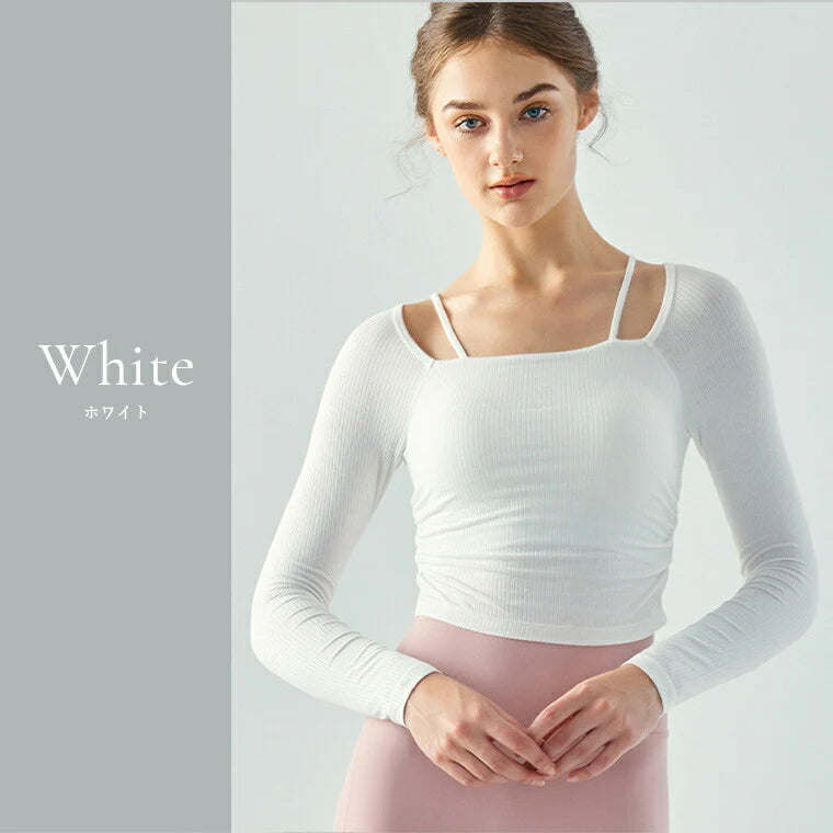 長袖カップ付きトップス t391｜ホワイト｜レイヤード｜ショート丈｜無地｜リブ｜ロングスリーブ｜ヨガ｜おしゃれ｜Lee.che (リーチェ) ｜LIFE TUNING DAYS（ライフチューニングデイズ）｜