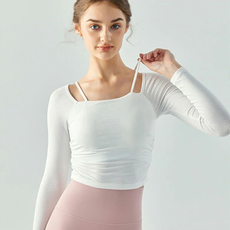 長袖カップ付きトップス t391｜ホワイト｜レイヤード｜ショート丈｜無地｜リブ｜ロングスリーブ｜ヨガ｜おしゃれ｜Lee.che (リーチェ) ｜LIFE TUNING DAYS（ライフチューニングデイズ）｜