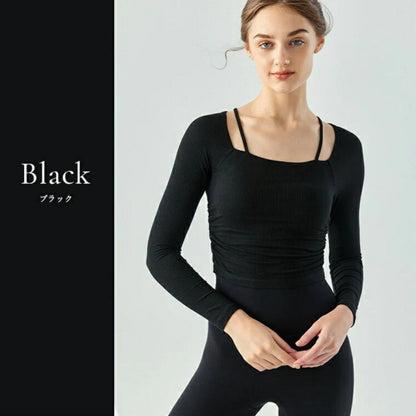 長袖カップ付きトップス t391｜ブラック｜レイヤード｜ショート丈｜無地｜リブ｜ロングスリーブ｜ヨガ｜おしゃれ｜Lee.che (リーチェ) ｜LIFE TUNING DAYS（ライフチューニングデイズ）｜